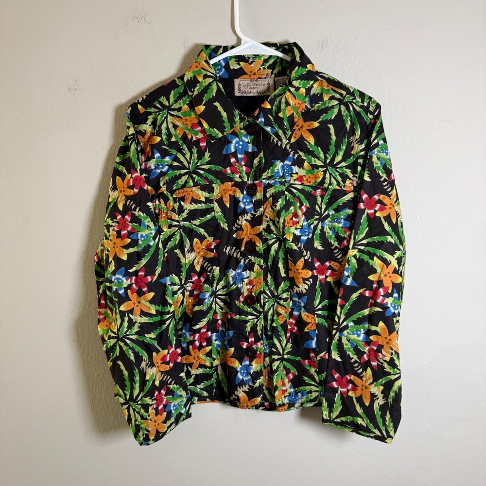 Life Style Petite Tropical Floral Palm Sequin Cotton Button Up Jacket Black PL